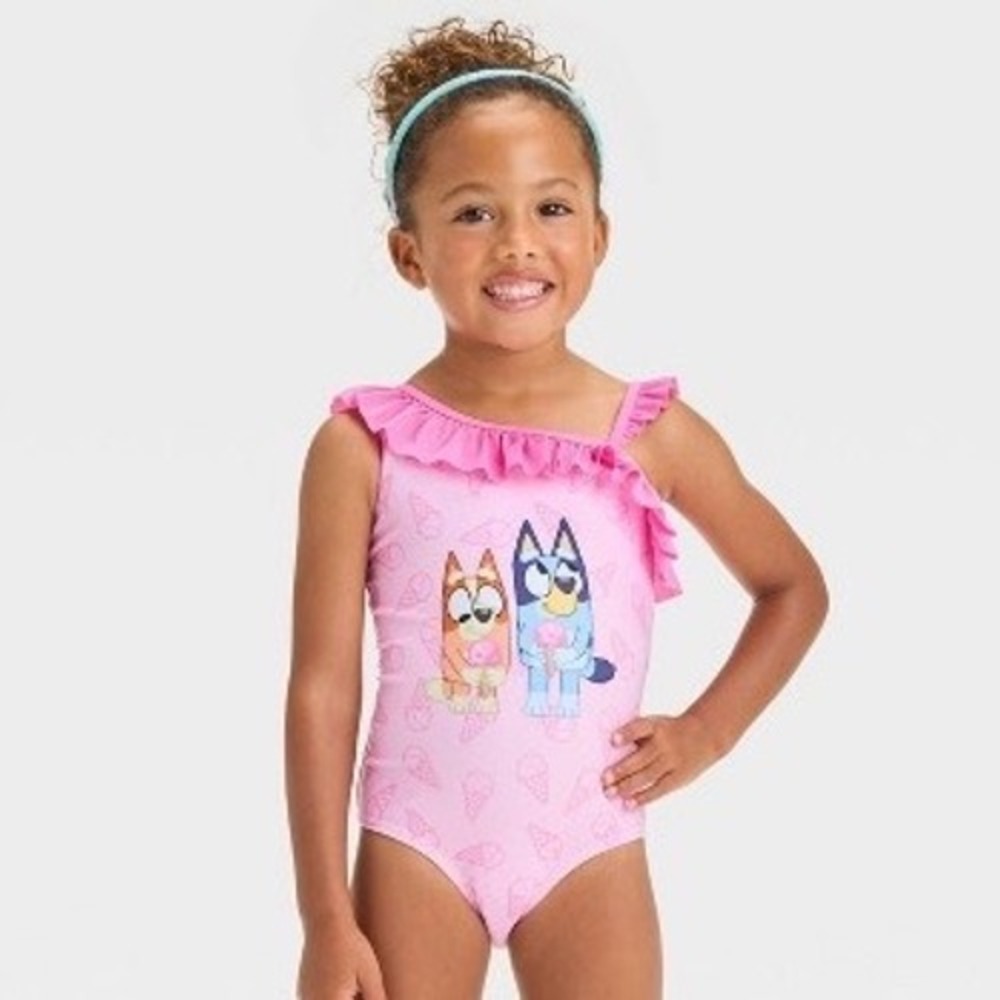 Bluey Bingo Girls Pink Ice Cream Ruffle One Piece Swimsuit 4T Kawaii Cartoon